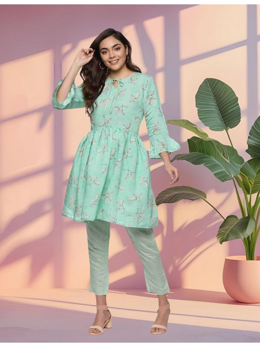 Mint Green Floral Printed Tunic with Pants for Women - Rheycart