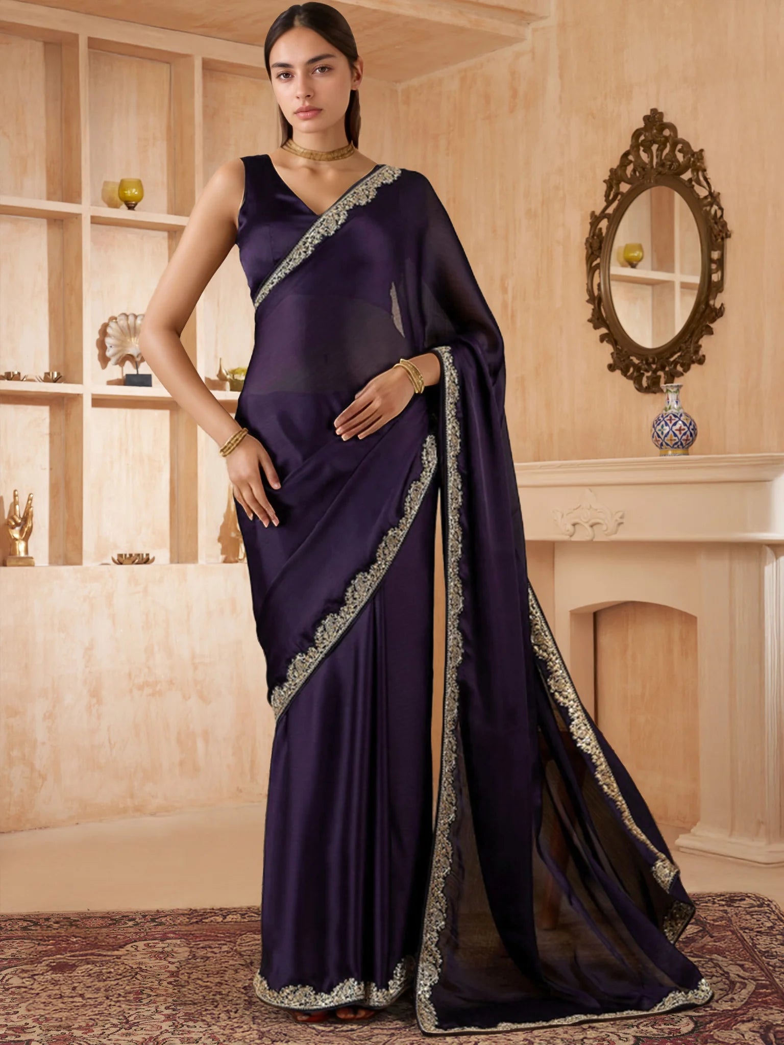 Plain Silk Saree in Bollywood Style Paired with Plain Blouse - Rheycart