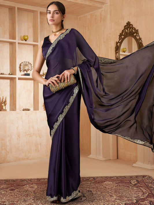 Plain Silk Saree in Bollywood Style Paired with Plain Blouse - Rheycart