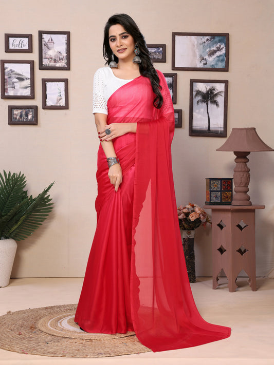 Blooming satin red saree with blouse