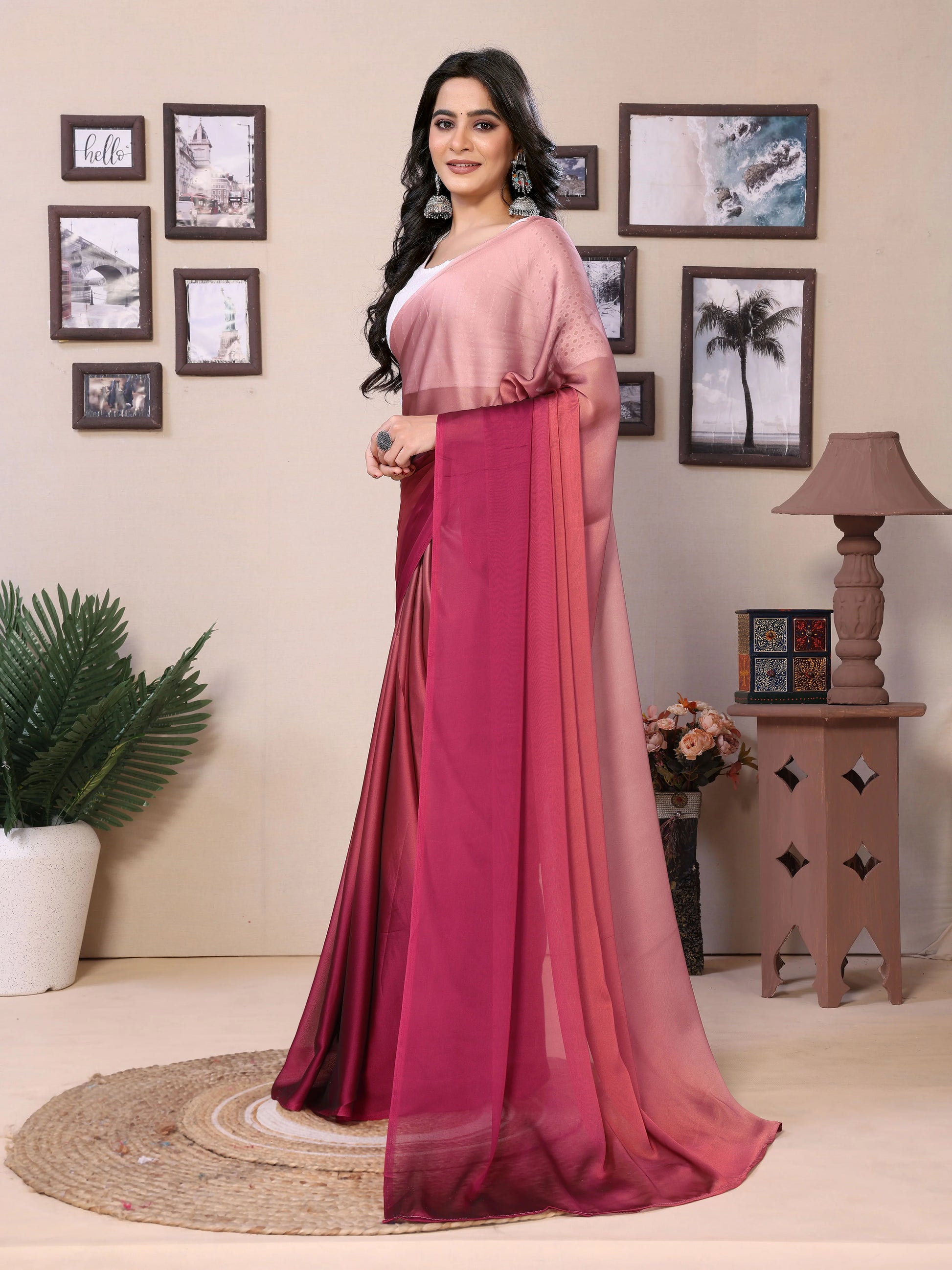 Ombre satin saree in dual shades