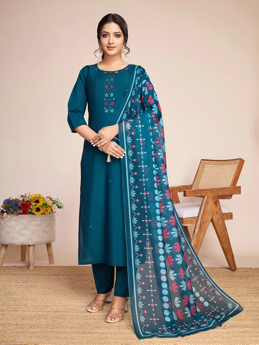 Teal Blue Embroidery Work Kurti Set For Women - Rheycart