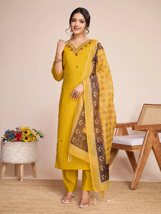 Mustard Yellow PV Chanderi Roman Silk Kurti Set - Rheycart