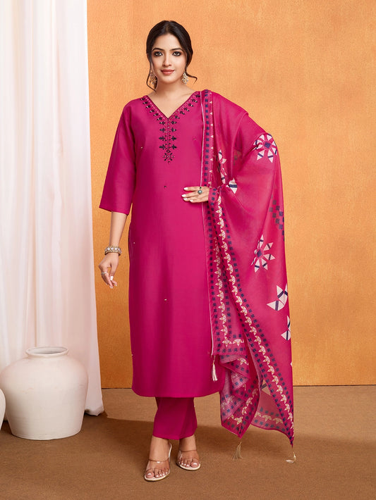 PV Chanderi Roman Silk Pink Color Kurti Set - Rheycart
