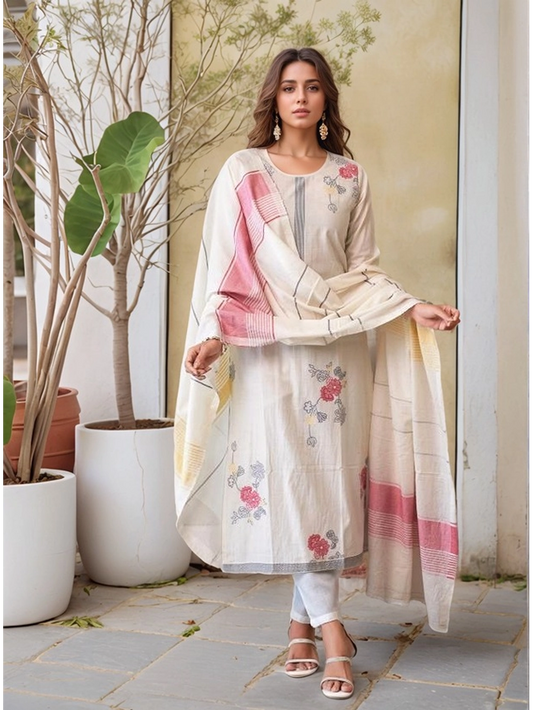 Floral Printed Cotton Kurti Set With Dupatta - Rheycart
