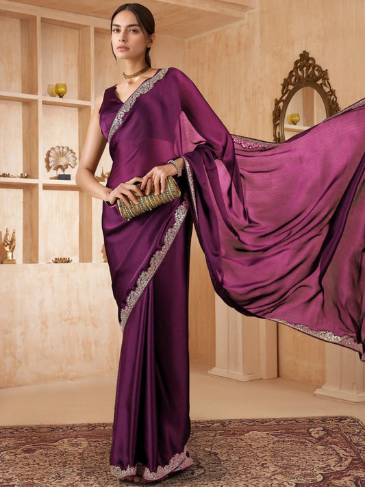 Wine Pure Silk Saree with Unstiched Plain Blouse - Rheycart