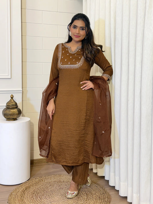 Brown Vichitra Silk Embroidered Kurta Set