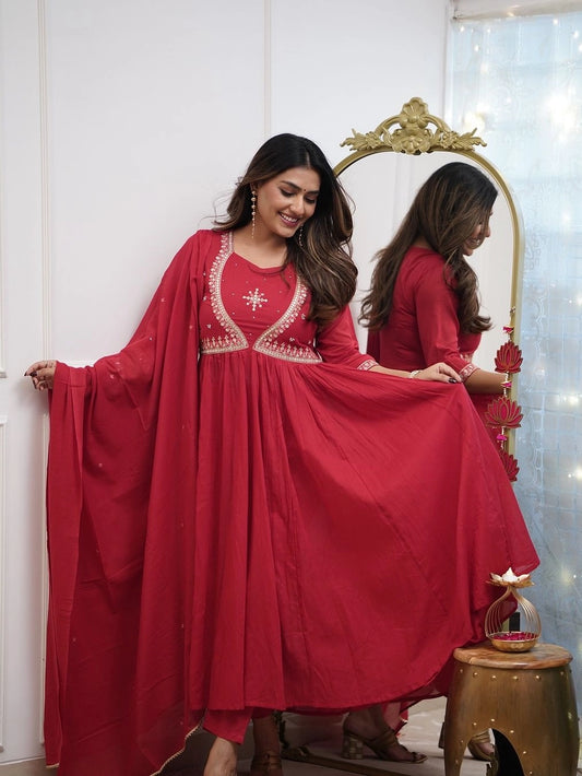 Red Embroidered Anarkali Kurti Set with Dupatta