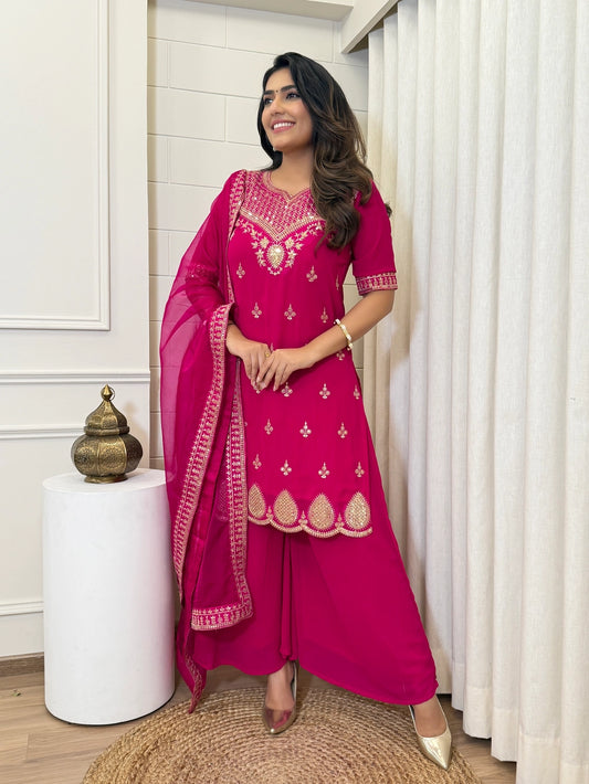Pink Embroidered Kurti Set with Palazzo and Dupatta