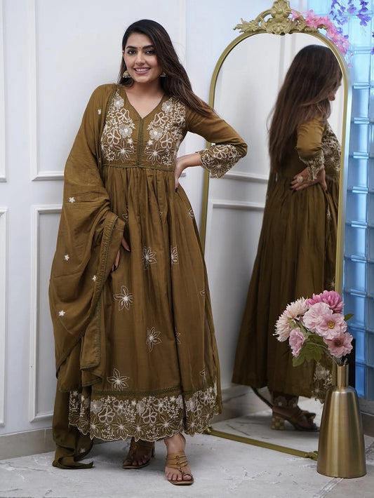 Rhey Heavy Embroidered Olive Anarkali Kurta Set for Women