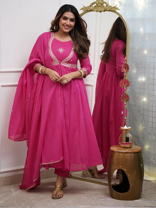 Pink Embroidered Anarkali Kurta Set with Dupatta