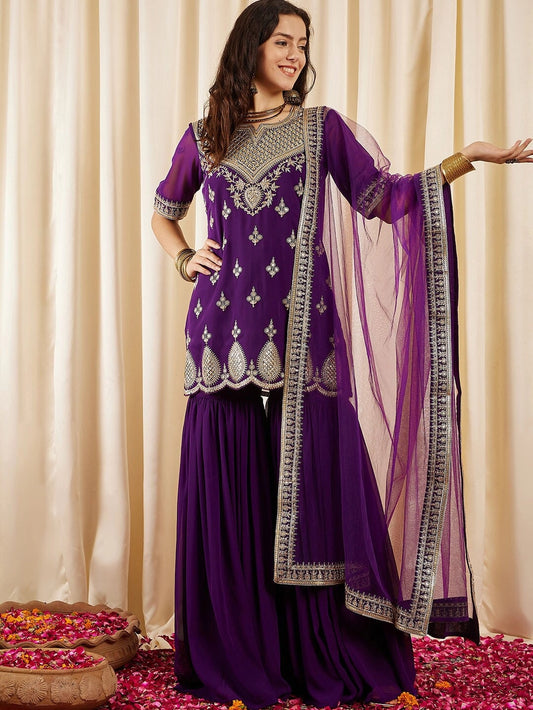 Rhey designer purple embroidered kurti set with stylish palazzo pants