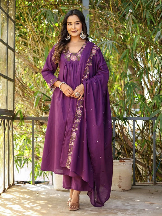 Purple Soft Rayon Slub Anarkali Kurti Bottom With Dupatta