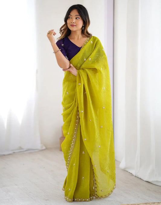 Rhey Lime Green Embroidered Chiffon Saree with Elegant Detailing