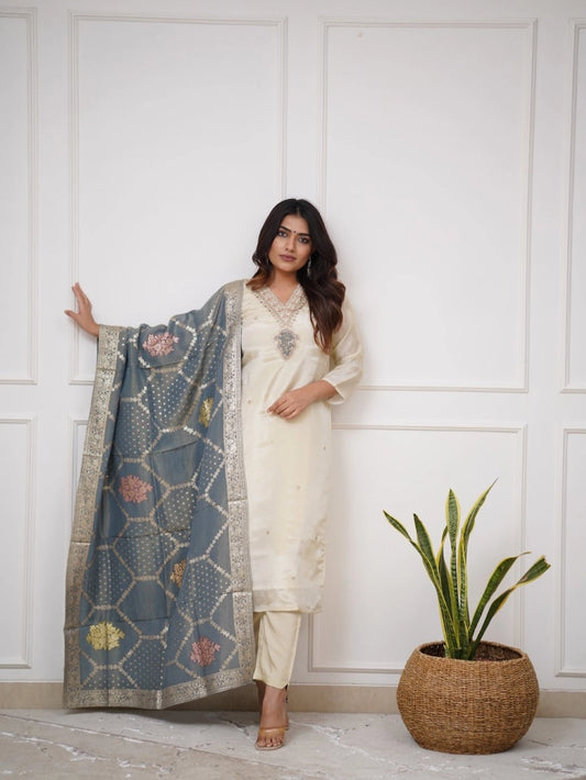Rhey Off-White Embroidered Viscose Kurta Set with Jacquard Dupatta