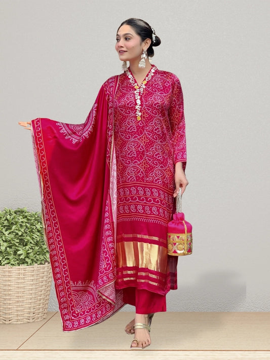 Rhey Red Viscose Silk Bandhani Print Kurta Set for Women